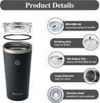 Insulated Coffee Mug with Lid, Reusable Stainless Steel Travel Coffee Cup, 16 Oz Double Wall Vacuum Spill Proof Tumbler Cups for Men and Women Hot & Cold Drinks（Aegean）