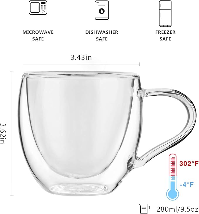 CNGLASS Double Wall Glass Coffee Mugs with Handle,10oz Clear Insulated Glass Espresso Cups for Hot and Cold Beverages,Latte,Cappuccino,Set of 2