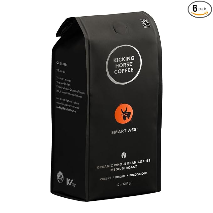 Kicking Horse Coffee Smart Ass, Medium Roast, Whole Bean, Certified Organic, Fairtrade, Kosher, 10 Ounce (Pack of 6)