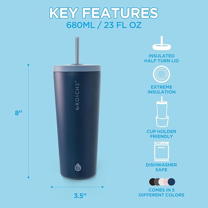 GROSCHE Jasper Insulated Stainless Steel Tumbler With Straw – Travel Cup with Lid, Extreme Insulation & Sleek Design, 23 oz - Blue