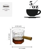 Glass Measuring Cup, 5oz Espresso Shot Glass with Wood Handle, Double Spouts Measuring Triple Pitcher Milk Cup for Coffee Tea (Transparent Ribbed)