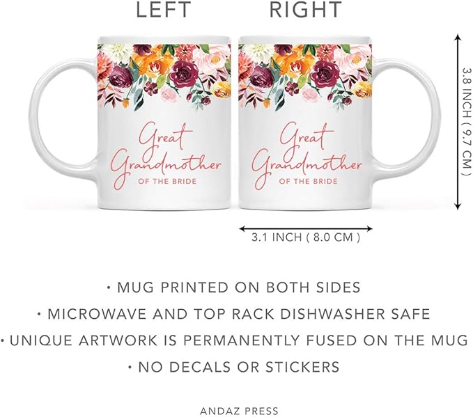 Andaz Press 11oz. Wedding Ceramic Coffee Tea Mug Gift, Fall Autumn Burgundy Orange Peach Flowers Roses Florals, Great Grandmother of the Bride, 1-Pack, Includes Gift Box