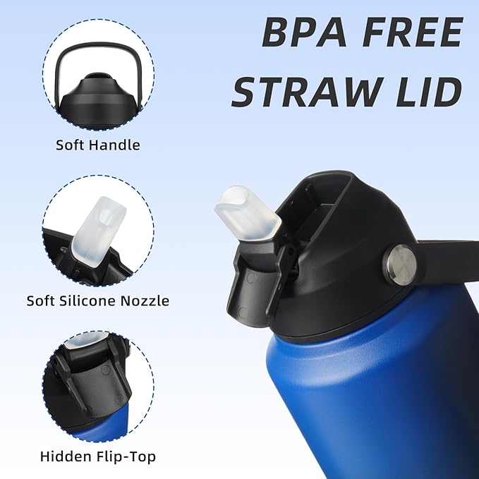 BJPKPK Water Bottle with Straw Lid, 32oz Vacuum Insulated Water Bottles, Metal Stainless Steel Thermos for Sports, Travel, BPA Free Leak Proof Thermos, Cups, Flasks, Tumblers,Black Blue