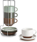 Sweese 8 Ounce Cappuccino Cups Set of 4, Porcelain Stackable Coffee Cups with Saucers and Metal Stand, Multicolor