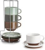 Sweese 8 Ounce Cappuccino Cups Set of 4, Porcelain Stackable Coffee Cups with Saucers and Metal Stand, Multicolor