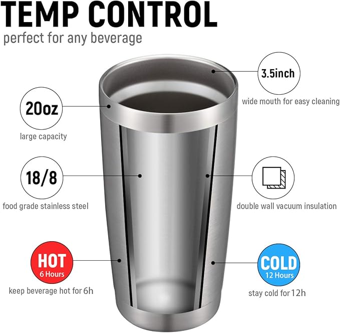 COMOOO 20oz Double Wall Vacuum Insulated Travel Mug, Stainless Steel Tumbler with Lid and Straw Durable Powder Coated Insulated Coffee Cup for Cold & Hot Drinks (Silver. 2 pack