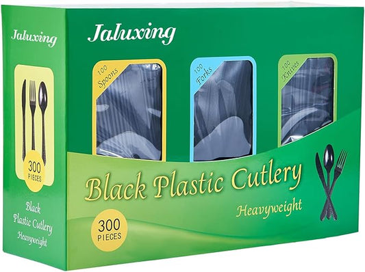 [300 Combo Box] Black Plastic Forks Spoons Knives Heavyweight Utensils Disposable Silverware Heavy Duty Cutlery Set