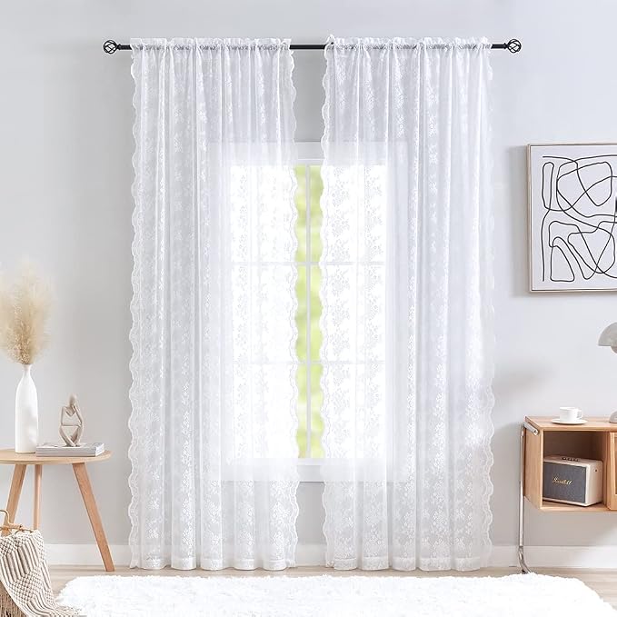 YJ YANJUN Vintage Lace Curtains 72 Inches Long- Victorian Floral Pattern White - Image 2