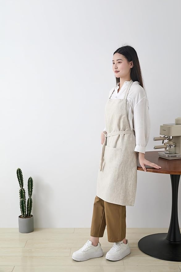 Cotton Linen Apron for Women - Adjustable Casual Apron with Pocktes, Great for Florist, Coffee House and Kitchen