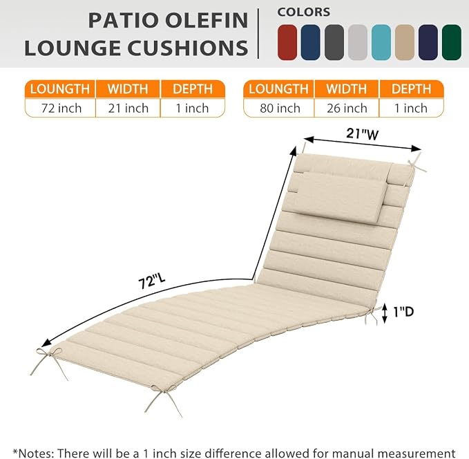 Sundale Outdoor Olefin Quilted Lounge Cushion Set of 4, Patio Foldable Chaise - Image 3