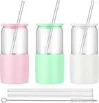 Sunseeke Glass Tumbler with Straw and Lid, 16oz Ice Coffee Cup, Silicone Sleeve Cleaning Brushes, Drinking Glasses for Water, Iced Coffee, Smoothie - BPA Free -3 Pack