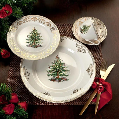 Spode Christmas Tree Gold Salad Plate, 8-Inch Porcelain Dinner & Appetizer Plate, Christmas Dinnerware, Microwave & Dishwasher Safe, Festive Collectible Seasonal Dining Plate