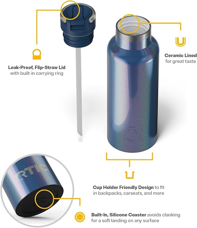 RTIC 16oz Journey Bottle Metal Stainless Steel Vacuum Insulated, BPA Free, Reusable, for Water, Hot and Cold Drinks, Travel, Sports, Camping, Pond Glitter