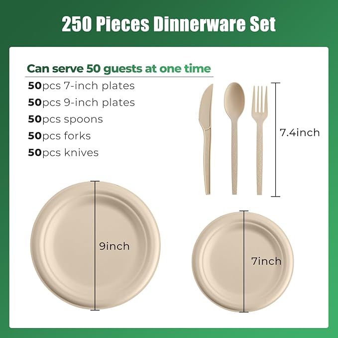 250 Piece Biodegradable Paper Plates Set Disposable Dinnerware Set, Eco Friendly Compostable (EXTRA LONG UTENSILS), Utensil include, Forks, Knives and Spoons for Party andBirthday party, camping