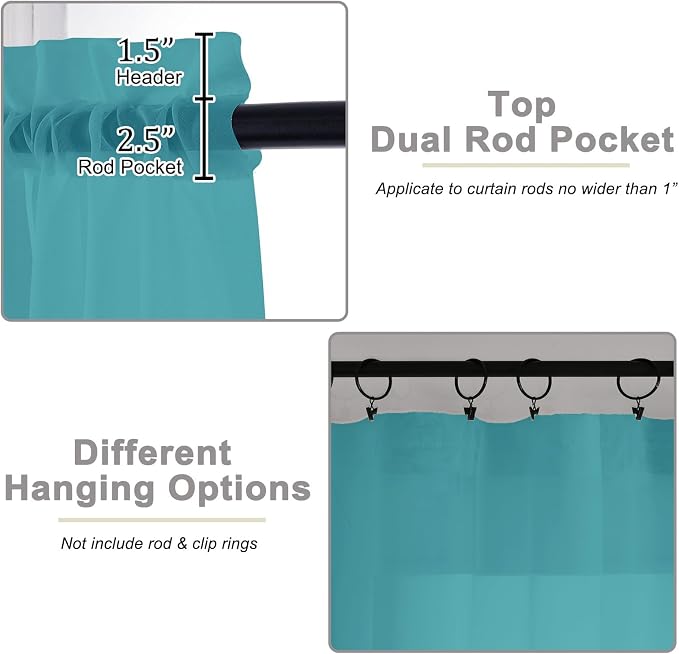 Turquoise Kitchen Curtains 30 Inch Length Tier 2 PCS, Solid Soft Half Curtains - Image 4