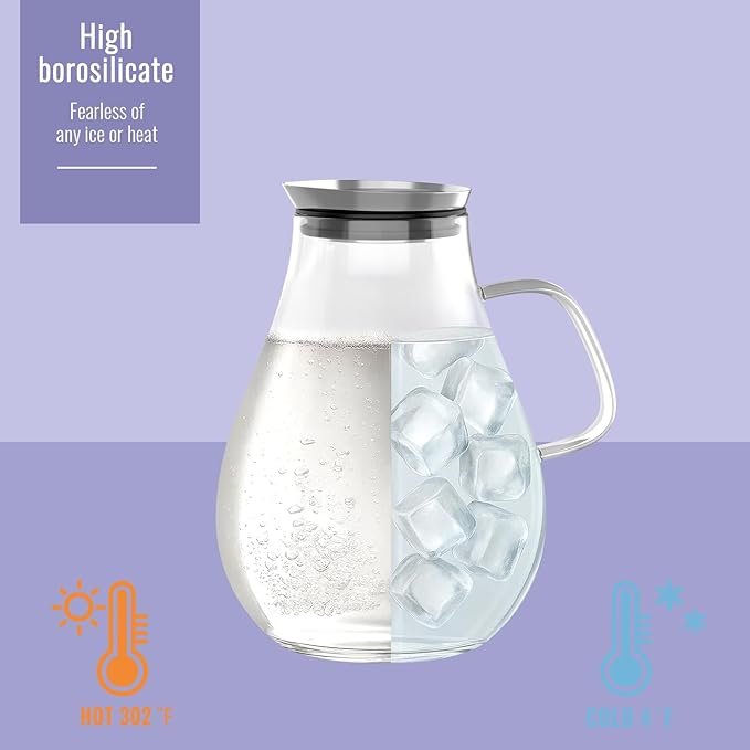 Glass Pitcher, 51 oz Glass Water Pitcher Jug Carafe, 0.4 Gallon Clear Tea Pitchers With Handle And Lid, Pitcher With Lid And Spout for Hot/Iced Water Milk Juice Coffee Fruit