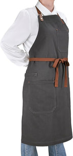 Professional Chef Apron for Men Women with Pockets, Bib Apron for Cooking Kitchen Grill BBQ, with Towel Loop and Adjustable Neck Strap (Dark Grey)