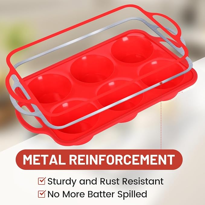 Jumbo Muffin Pan, 3.5 Inch Large Muffin Pan with Metal Reinforced Frame 6 Cup Silicone Jumbo Cupcake Pans for Baking Easy to Handle 2 Pack Red