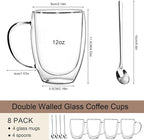 Double Wall Glass Coffee Mugs 12 OZ, Clear Coffee Cup With Handle,Insulated Coffee Mugs Set of 4 With Spoons Perfect for Espresso, Cappuccino, Latte, American,Tea Bag, Beverage