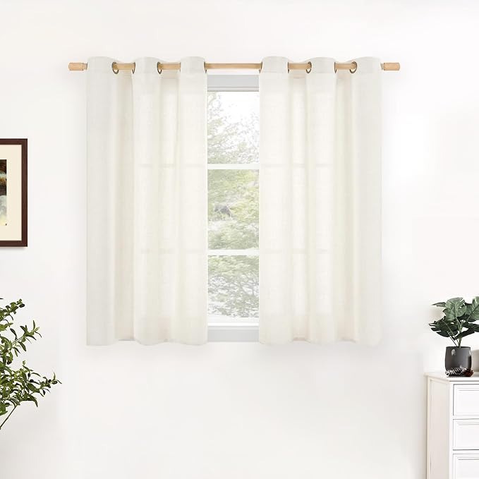 YoungsTex Ivory Linen Semi Sheer Curtains 34 x 48 Inch Length 2 Panels | Short by YoungsTex