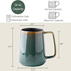 Large Ceramic Coffee Mug, 24 oz Big Tea Cup with Large Handle, Vintage Coffee Cup for Office and Home, Dishwasher and Microwave Safe, Green
