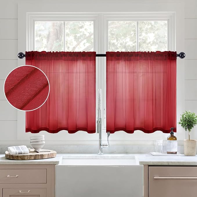 MIULEE Semi Sheer Curtains 24 inch Length 2 Panels Kitchen Window Curtains Over - Image 2