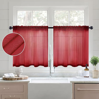 MIULEE Semi Sheer Curtains 24 inch Length 2 Panels Kitchen Window Curtains Over - Image 2