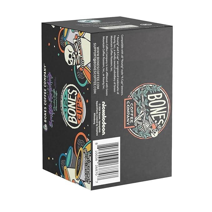 Bones Coffee Company Spongebob Soufflé Symphony, Chocolate Soufflé Flavored Coffee Pods, Low Acid Medium Roast Single-Serve Bones Cups, Compatible with 1.0 & 2.0 Capsule Brewers Coffee Maker, 12 Count