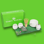 Marce Matcha Whisk Set- Matcha Set includes Matcha Whisk and Bowl (Bowl with Spout), Sifter, Holder and Scoop- The Perfect Bamboo Whisk for Matcha Tea (White- 7PC)