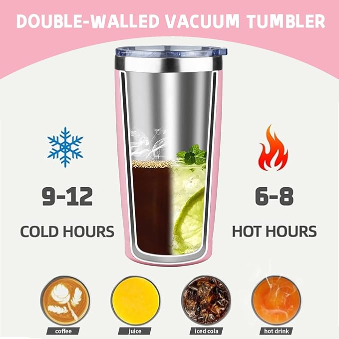 20 oz Tumbler with Lids and Straws, Stainless Steel Insulated Coffee Tumbler, Double Wall Vacuum Insulated Travel Mug Cup, Leakproof Thermal Coffee Cup for Hot and Cold Drinks (light pink)