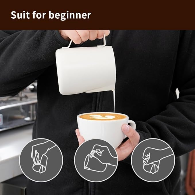watchget Stainless Steel Milk Frothing Pitcher 12oz/350ml - Espresso Steaming Pitcher for Cappuccino, Latte Art, Coffee Machine Accessories Milk Jug Coffee Frother Cup, Creamy White