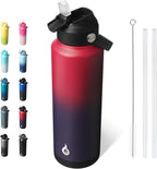 BJPKPK Insulated Water Bottle with Straw Lid, 40oz Large Thermos, BPA Free Leak Proof Stainless Steel Metal Water Bottles, Tumblers, Cups, Flasks for Travel, Sports,Charming Red