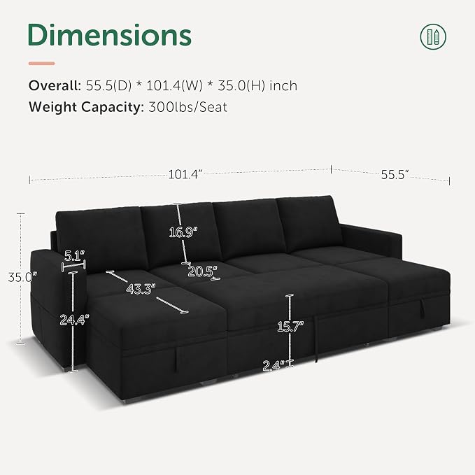 HONBAY Modular Sectional Sleeper Sofa Bed, Velvet Sectional Couch - Image 2