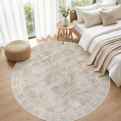 Round Area Rug Living Room: 6ft Neutral Washable Carpet Rug Brown | Vintage - Image 4