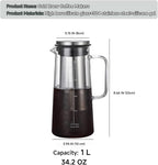 Cold Brew Coffee Maker Borosilicate Glass with 304 Stainless Steel Filter, Tea Infuser Ice Cold Brew Pitcher Kitchen, with Spout Kitchen Iced (34oz (1.0 L))