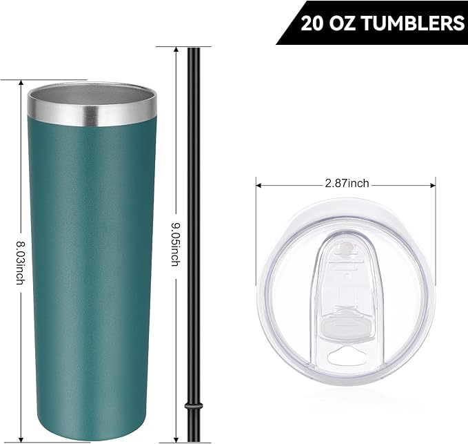 VEGOND Stainless Steel Tumblers Bulk 6 Pack, 20 oz Vacuum Insulated Skinny Tumblers with Lid and Straw, Double Wall Coffee Mug, Travel Water Cup, Dark Green