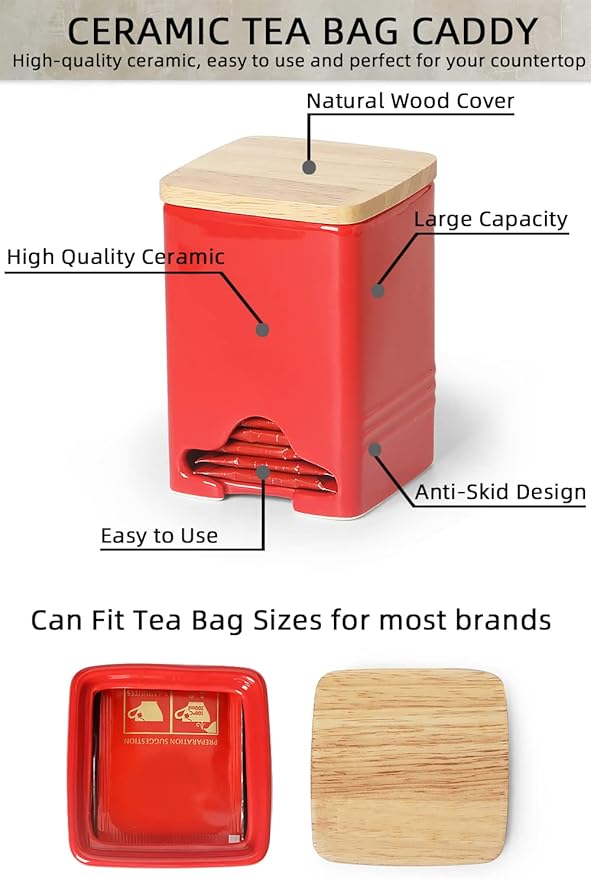 Ceramic Tea Bag Storage Organizer Caddy Holder with Lid (Red)