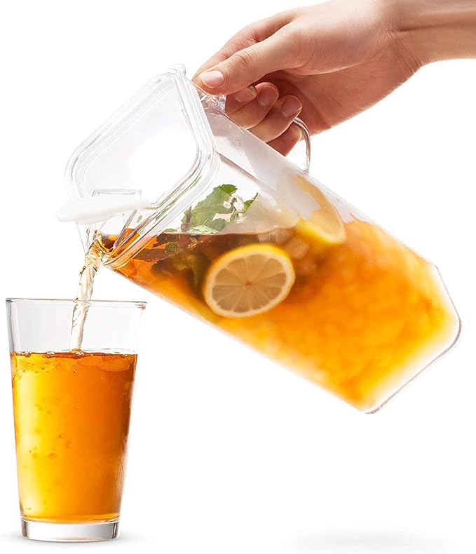 Komax Large Plastic Water Pitcher with Lid Square Water Carafe – BPA-Free, Dishwasher Safe – Water, Tea, or Juice Containers with Lids for Fridge (2.3 Liters)