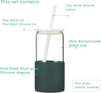 Sunseeke Glass Tumbler with Straw and Lid, 16oz Ice Coffee Cup, Silicone Sleeve Cleaning Brushes, Drinking Glasses for Water, Iced Coffee, Smoothie - BPA Free (Slate blue-gray)