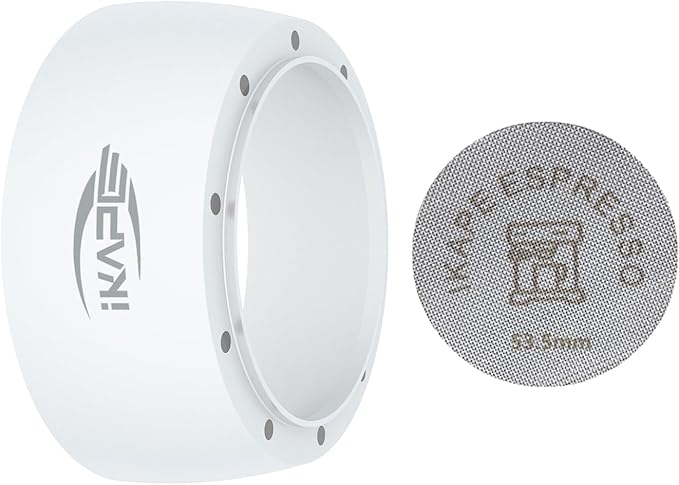 IKAPE Magnetic Dosing Funnel Set, 53MM Espresso Dosing Ring & Puck Screen Kit Compatible with Delonghi 54MM Bottomless Portafilter - with 8 Small Magnet (White)