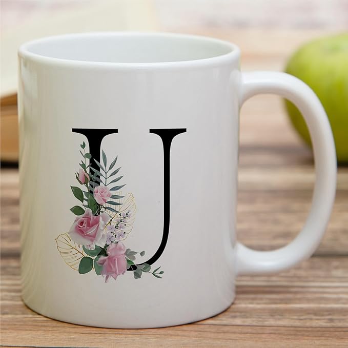 Retreez Initial A-Z Floral Botanical Bouquet Alphabet Monogrammed Monogram Mug 11 Oz Ceramic Tea Coffee Mugs - Appreciation Thank You Wedding Birthday Gifts for her friend coworker sister - U Initial