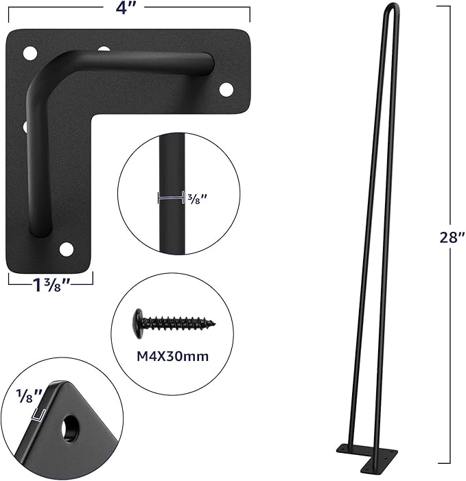 SMARTSTANDARD Hairpin Table Legs 28 Inch, 3/8" Solid Metal Legs - Image 3