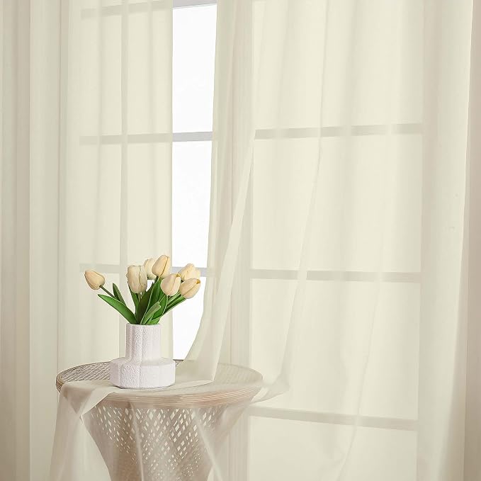 Cream Sheer Curtain 90 Inches Long 2 Panels Set, Solid Filmy Drapes - Image 6