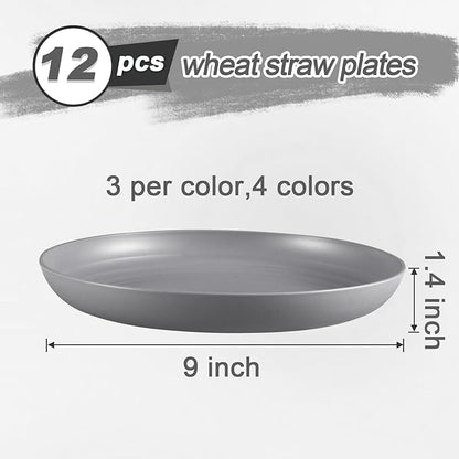 12 Pcs Unbreakable Deep Dinner Plates Set, 9 inch Reusable Plastic Wheat Straw Plates, Microwave and Dishwasher Safe Plate for Kitchen, Lightweight Plate for Dessert, BPA Free, 4 Colors