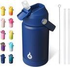 BJPKPK Insulated Water Bottle with Straw Lid, 12oz Thermos Water Bottles, Flex Handle & Non-slip Boot, BPA Free Leak Proof Stainless Steel Metal Thermos, Tumblers, Cups,Klein Blue