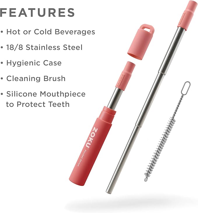 ZOKU Reusable Metal Straws with Case for Travel, Purple, Grey and Red - Collapsible Stainless Steel Drinking Straws with Silicone Tips and Cleaner Brushes, Ideal for Key Chains, Pockets, Purses