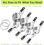 Measuring Cups & Spoons Set of 18 - Wildone Stainless Steel Nesting Measuring Cups 8 Piece and 9 Measuring Spoons, 1 Leveler, Ideal for Dry and Liquid Ingredients (Black)