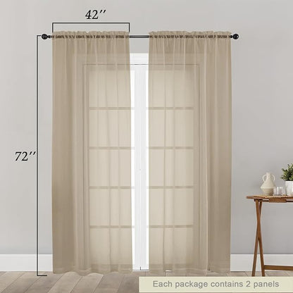 Taupe Sheer Curtain for Bedroom Living Room 72 Inches Long 2 Panels Set - Image 2