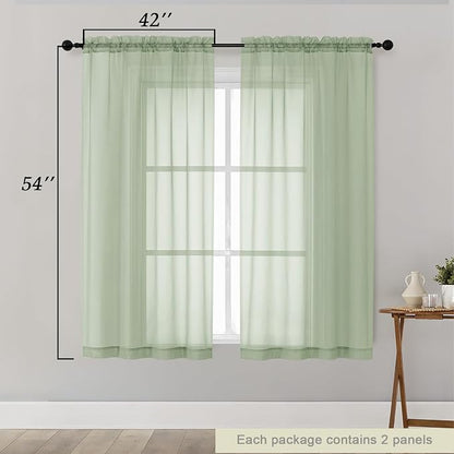 Light Green Sheer Curtains for Bedroom Living Room 54 Inch Length 2 Panels Set - Image 2