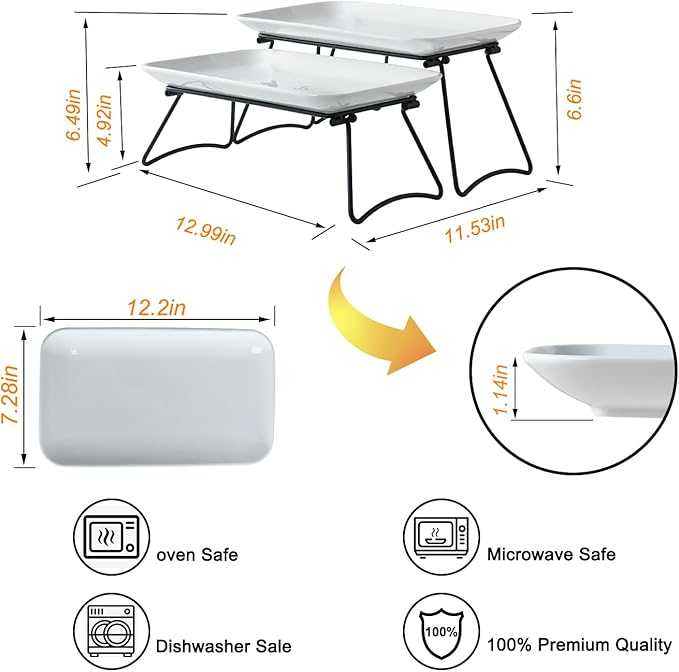 HAPPY KIT 12 Inch 2 Tier Serving Tray,Tiered Tray Stand with Freely Combinable Rack,Serving Platter for Appetizer Steak Chips Dessert, Black